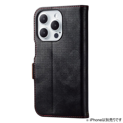 iPhone 15 Pro ソフトレザーケース 手帳型 磁石付 耐衝撃 ステッチ付 [PM-A23CPLFYBK]